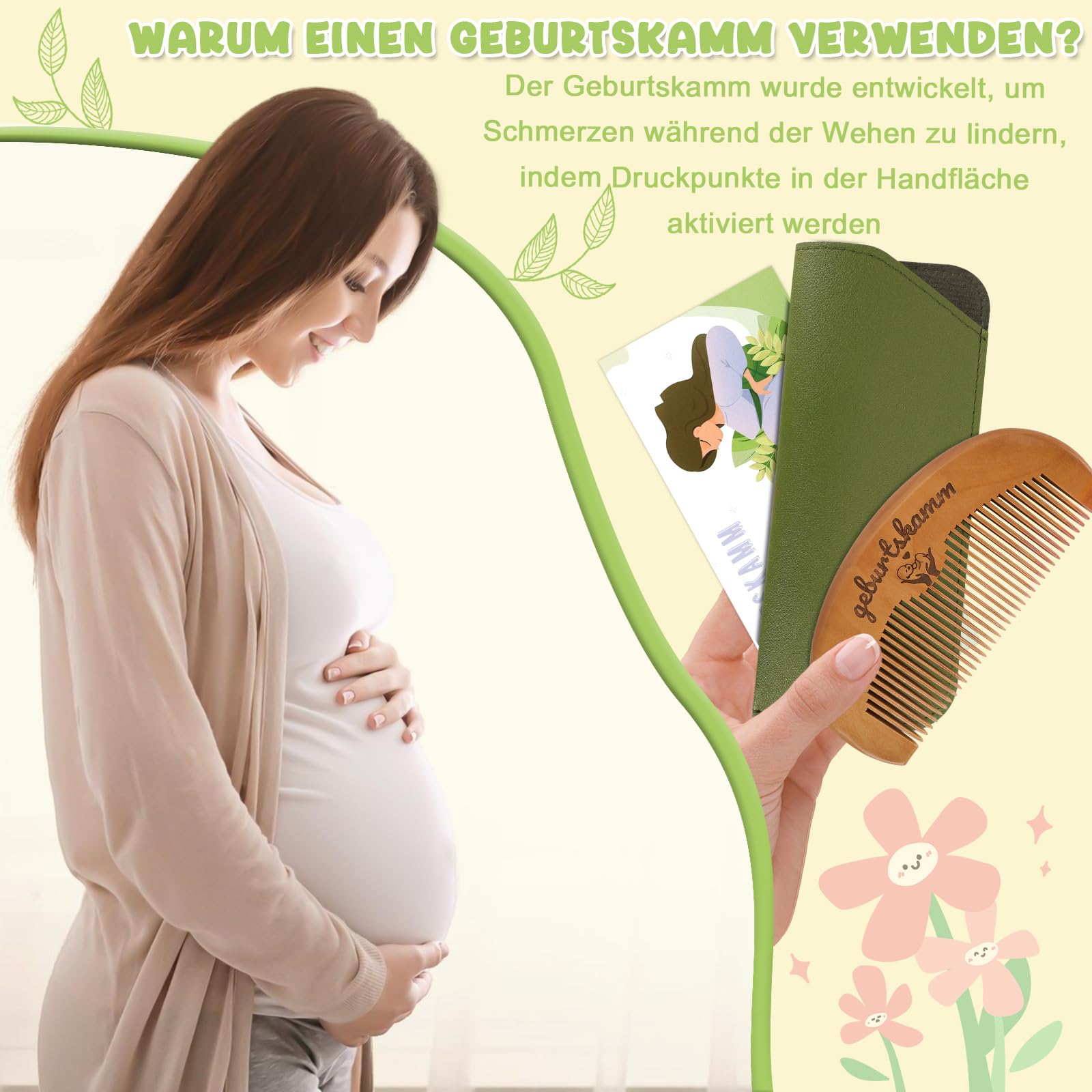 Kaempe Grzebień porodowy, drewniany grzebień, prezent dla matki, grzebień z drewna grzebieniowego, do łagodzenia niepokoju, naturalne łagodzenie bólu, łagodzenie stresu