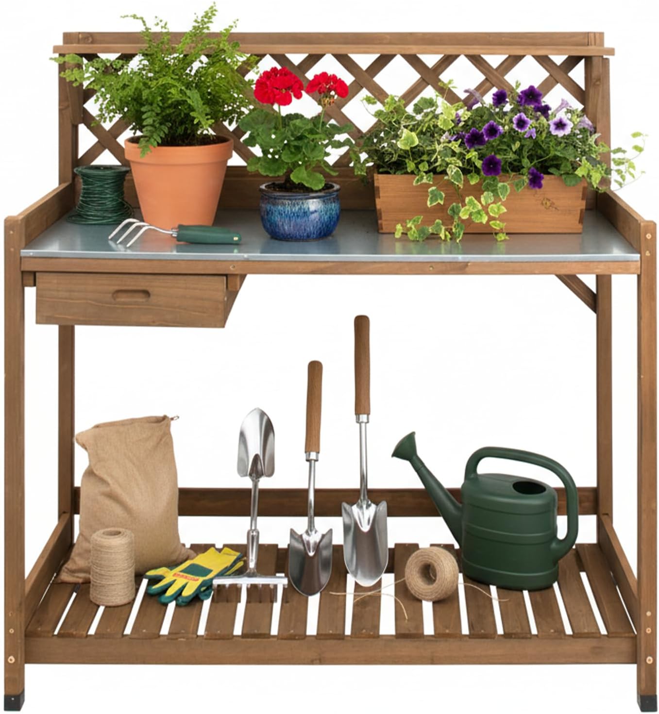 Ketive Garden Potting Bench with Metal Tabletop,Outdoor Potting Table Workstation Benches with Drawer/Storage Shelf，Fir Wood Potting Station Work Table with Open Shelf,Lattice Back (Brown)