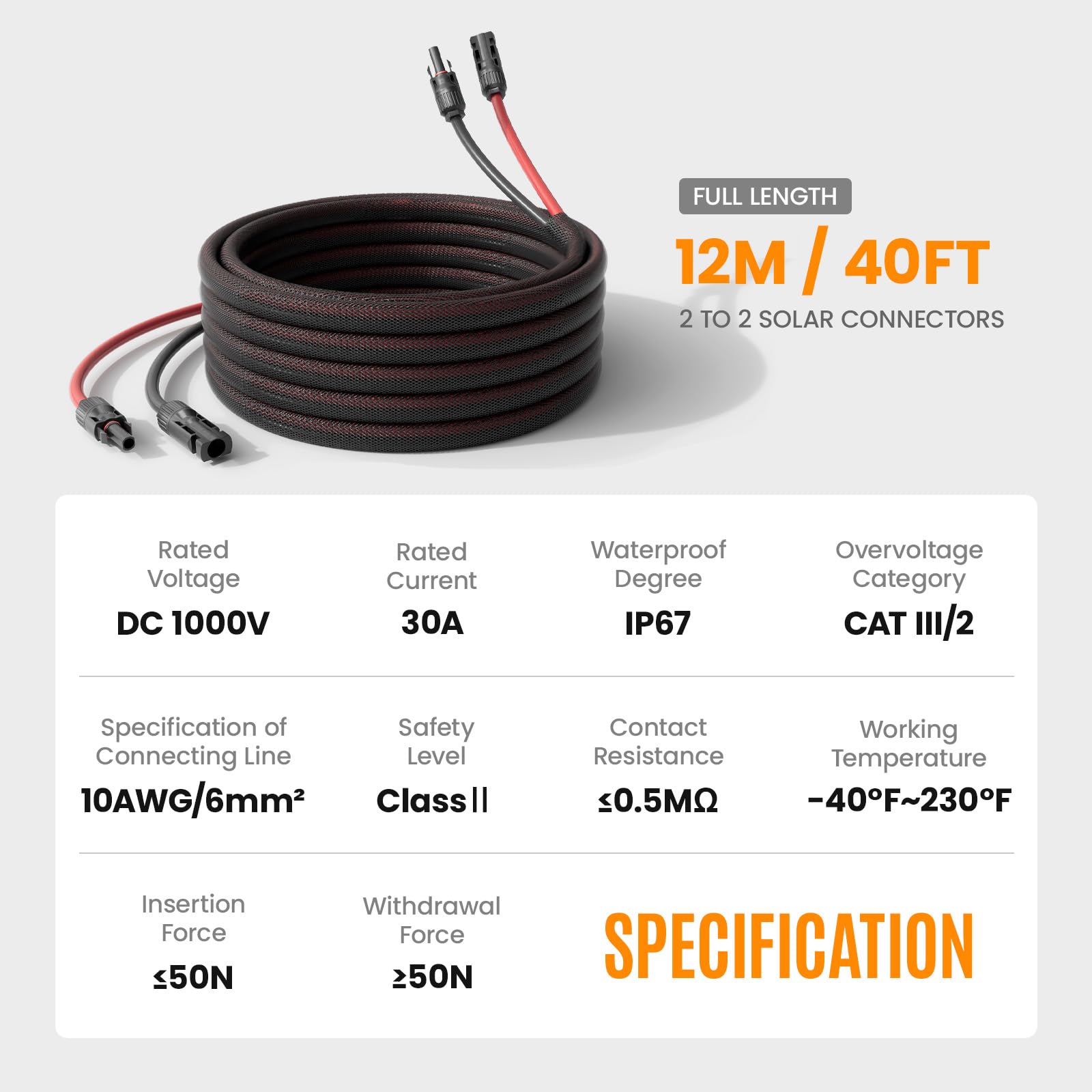 Cable de extensión de panel solar de 10 AWG, 6 mm², 20 pies, cable fotovoltaico de cobre con funda, IP67 impermeable, ignífugo, cable solar para exteriores para paneles solares y sistemas de