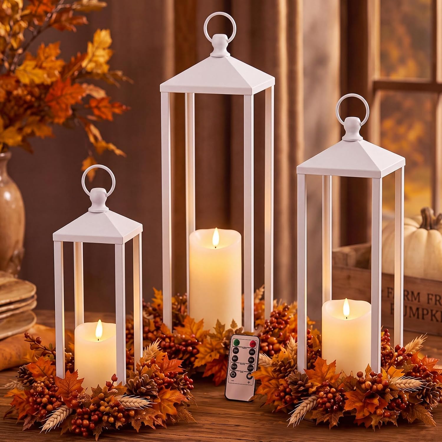 Retisee Large Decorative Lantern with LED Candle for Indoor, White