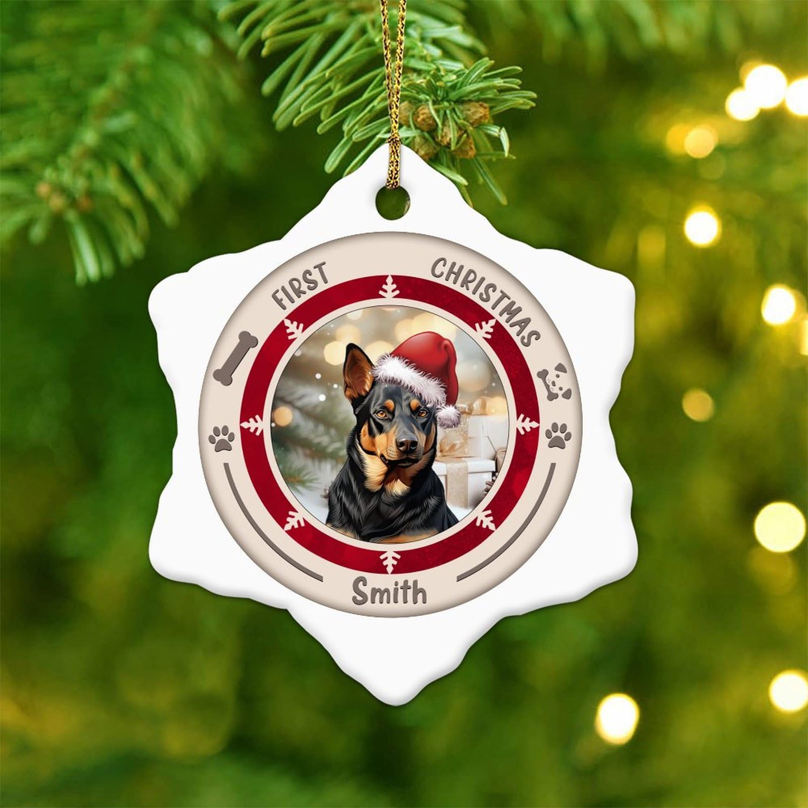 Custom Pet Dog's First Christmas Australian Kelpie Snowflake Ceramic Christmas Ornaments for Christmas Tree Hanging Decoration Animal Puppy Keepsake New Year Xmas Birthday Gifts for Pet Dog Lover