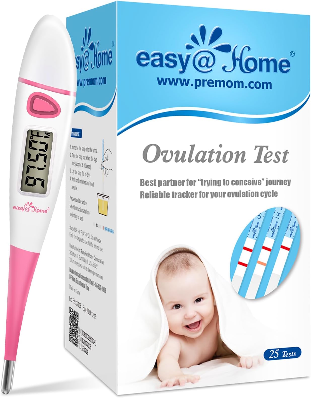 Easy@Home25 Pack Ovulation Test Strips + Basal Body Thermometer EBT-018 Pink