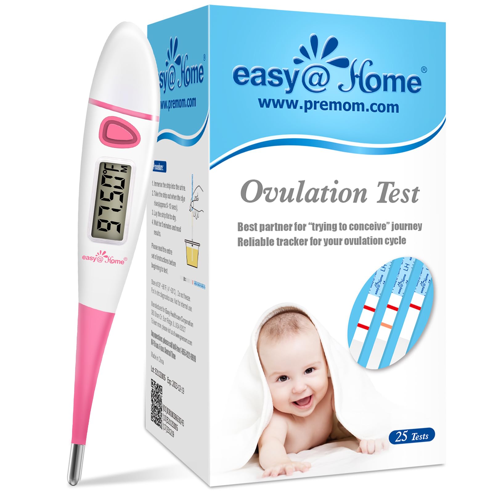 Easy@Home25 Pack Ovulation Test Strips + Basal Body Thermometer EBT-018 Pink