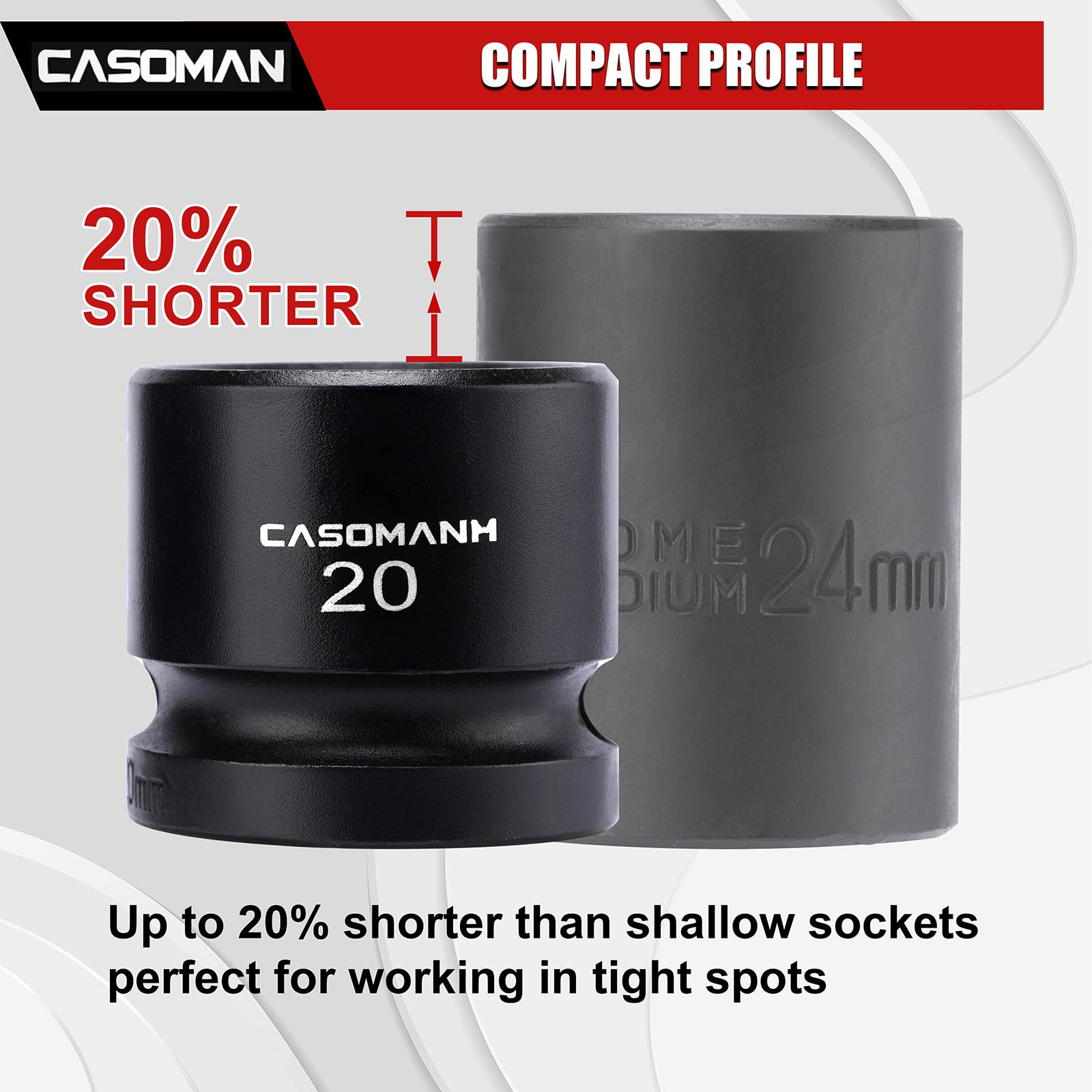 CASOMAN Set di 15 bussole a impatto tozze da 1/2", a basso profilo, 10-24 mm, metriche, CR-MO, 6 punti, 15 pezzi, set di chiavi a bussola poco profonde per manutenzione automobilistica, riparazioni e