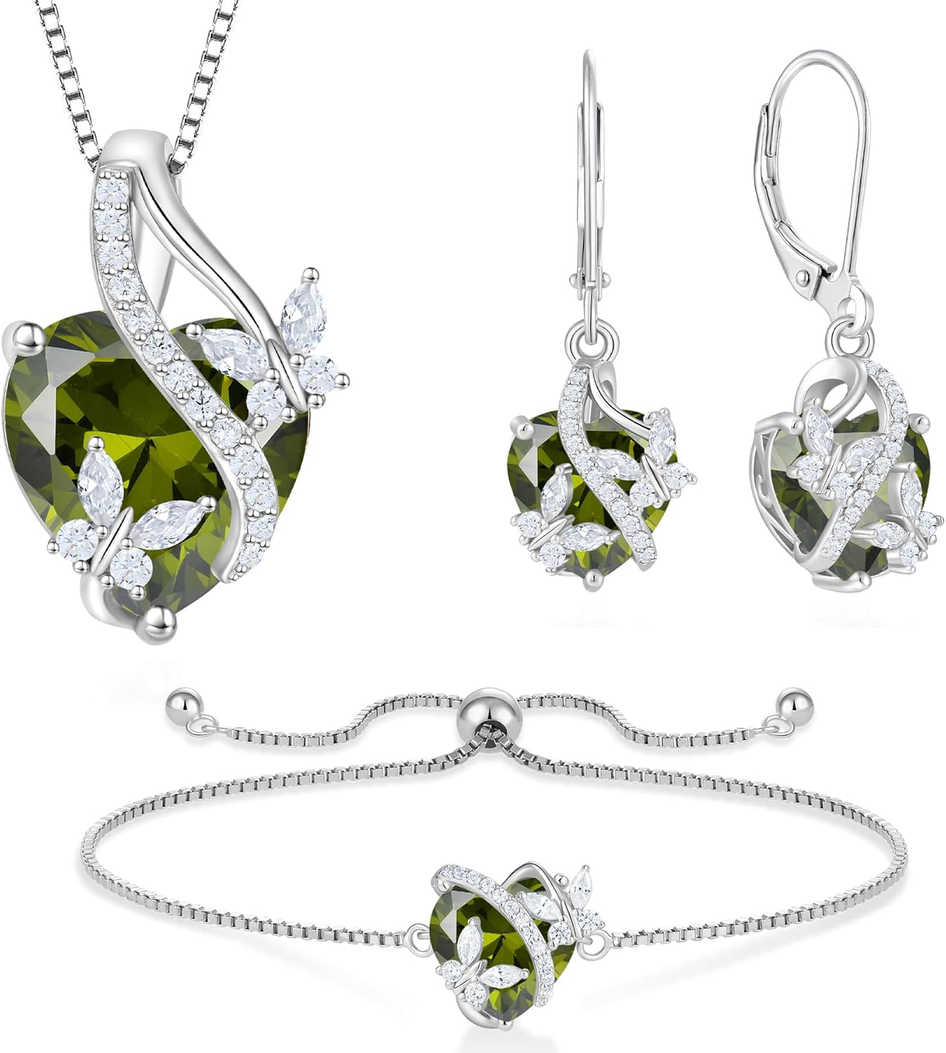Sterling Silver Butterflies Created Peridot Jewelry Set for Women Necklace/Earrings/Bracelet Gift