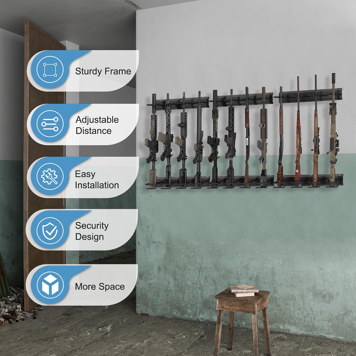 Heavy Duty Steel Gun Rack - Wall Mount, Adjustable 4/8/12 Slot Indoor Gun Racks, Securely Display Shotgun & Rifle