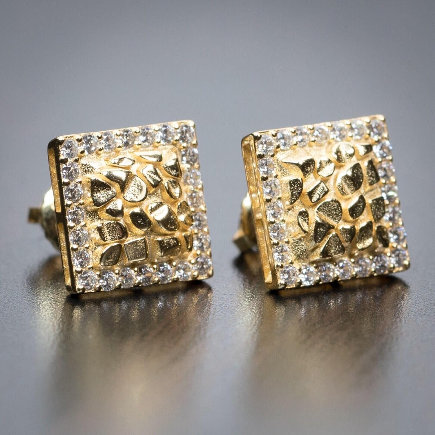 Square Shape 14K Yellow Gold Plated 925 Sterling Silver Screw Back Post 3D Large Retro 90's Hip Hop Ice Out Cz Hypoallergenic Big 10mm Solid Gold Textured Nugget Stud Earrings For Men - Image 7