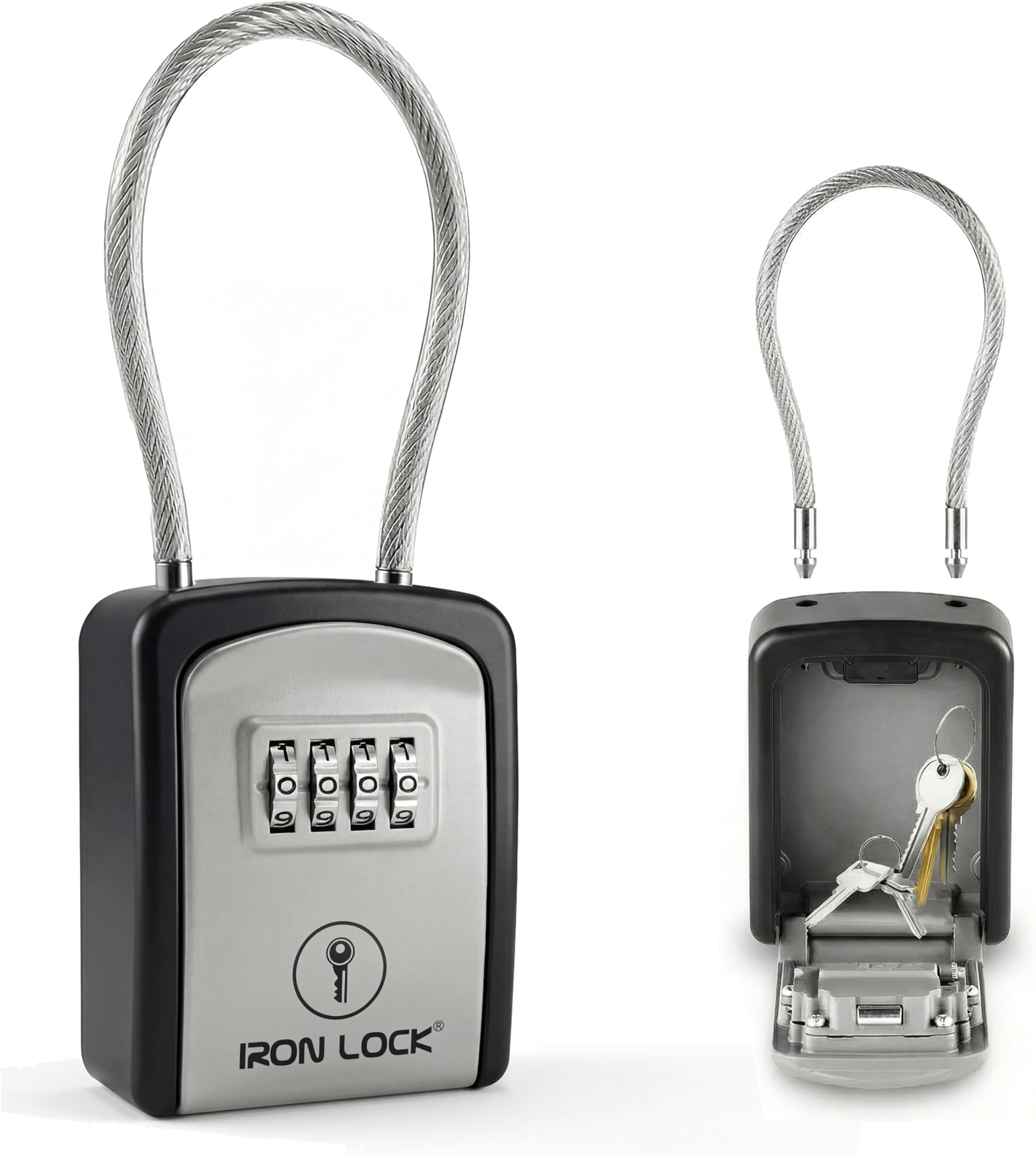 Iron Lock® Key Lock Box Portable with Cable Shackle – Small Waterproof Heavy-Duty Metal Safe with 4-Digit Combination for Spare Keys Outside on Door Knob, Fence, Pipe or Gate (Grey, Small)