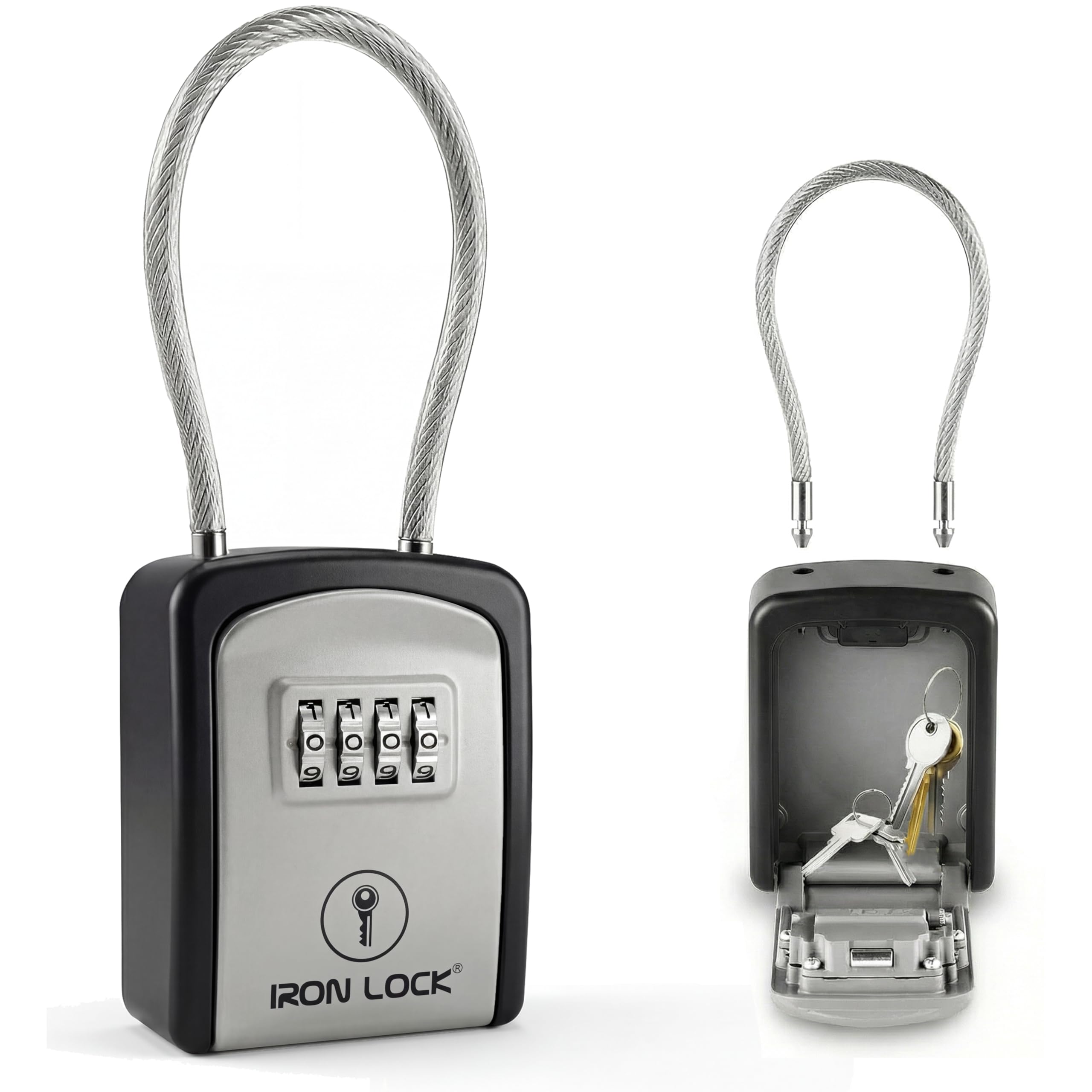 - Iron Lock® Key Lock Box Portable with Cable Shackle – Small Waterproof Heavy-Duty Metal Safe with 4-Digit Combination for Spare Keys Outside on Door Knob, Fence, Pipe or Gate (Grey, Small)