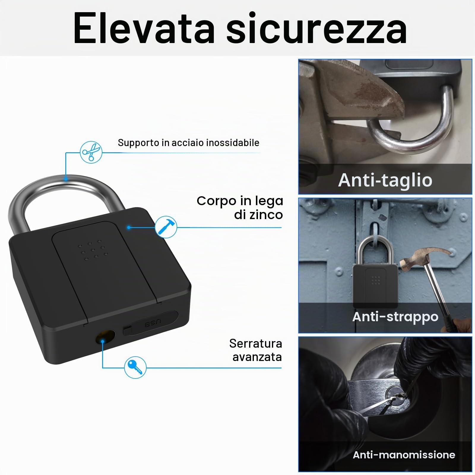 Lucchetto a Impronta Digitale con Chiave, Lucchetto Biometrico con Impronta Digitale Bluetooth, Serratura per Cancello Esterno, Lucchetto Resistente all'acqua per Cancello Esterno, Magazzino