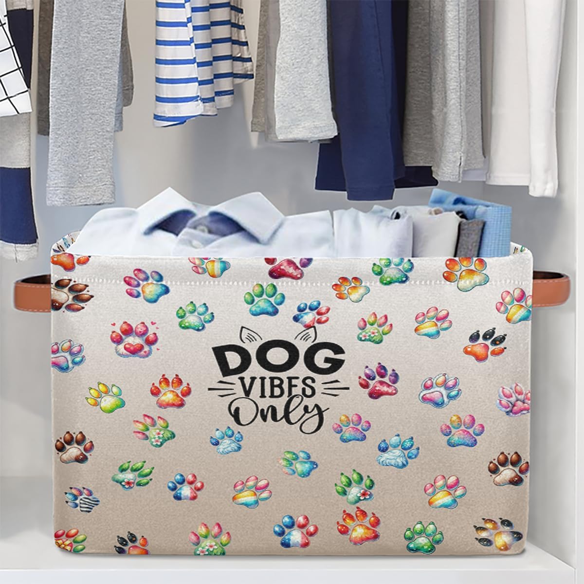 Small Storage Basket With Handles Kids Toy Pretty Paw Animals Storage Bins Collapsible Fabric Cube Storage Organizer Hamper for Nursery Living Room Bedroom Shelves Clothes Toy Box Gifts