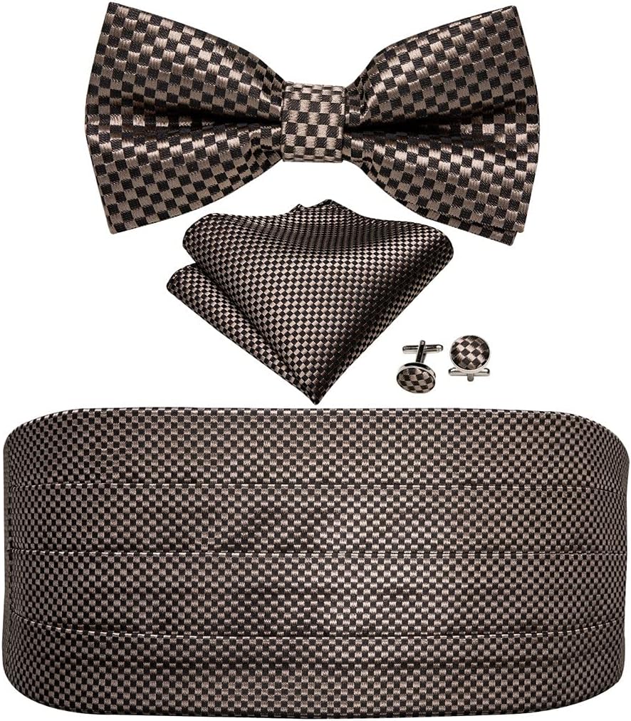 Mens Brown Bow Tie Plaid Cummerbund Checkered Bow Tie Handkerchief Cufflinks Cummerbund Waist Belt for Wedding