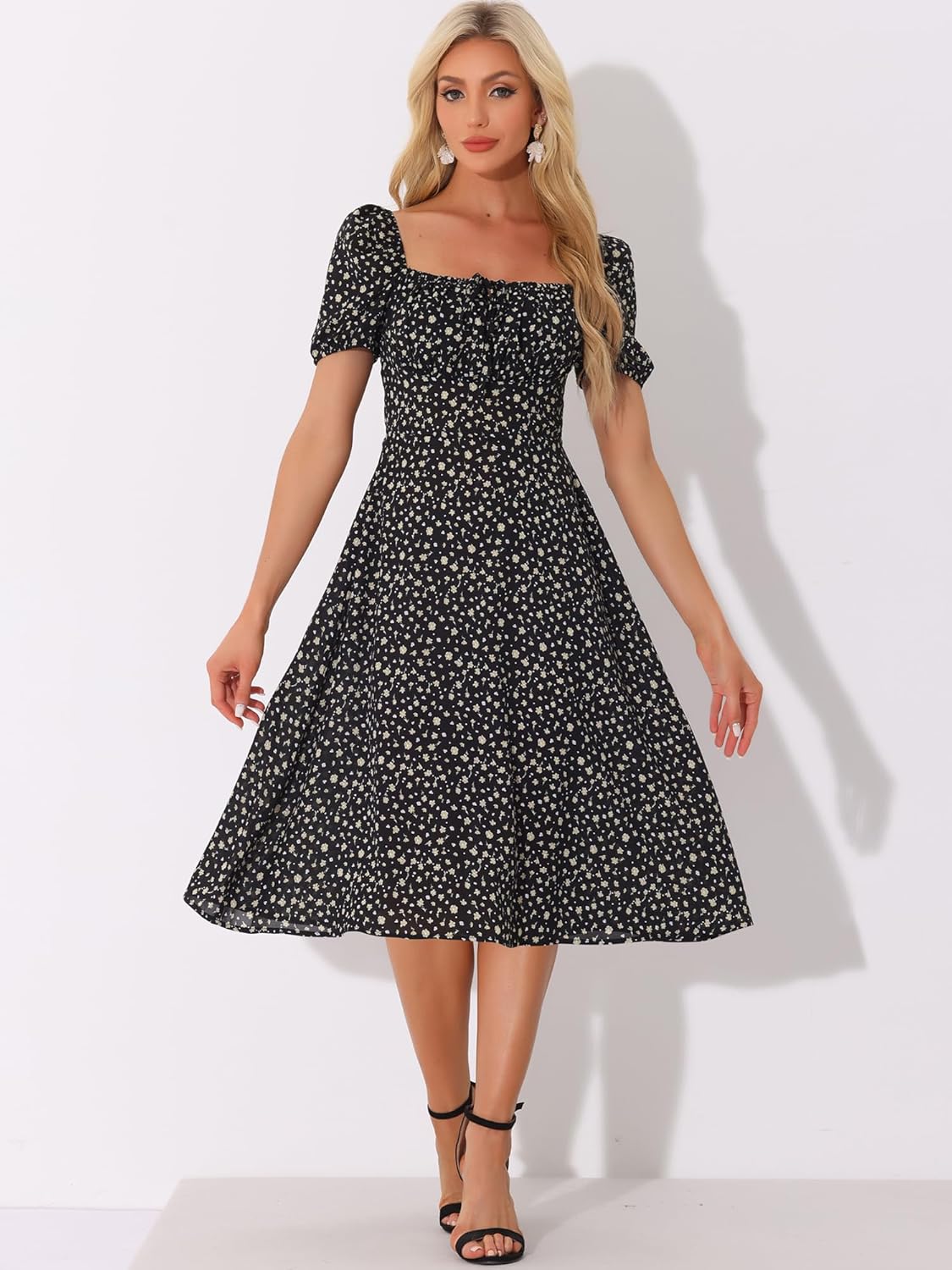 Allegra K Peasant Floral Dresses for Women's Puff Sleeve Square Neck Milkmaid Smocked Midi Dress - Image 3