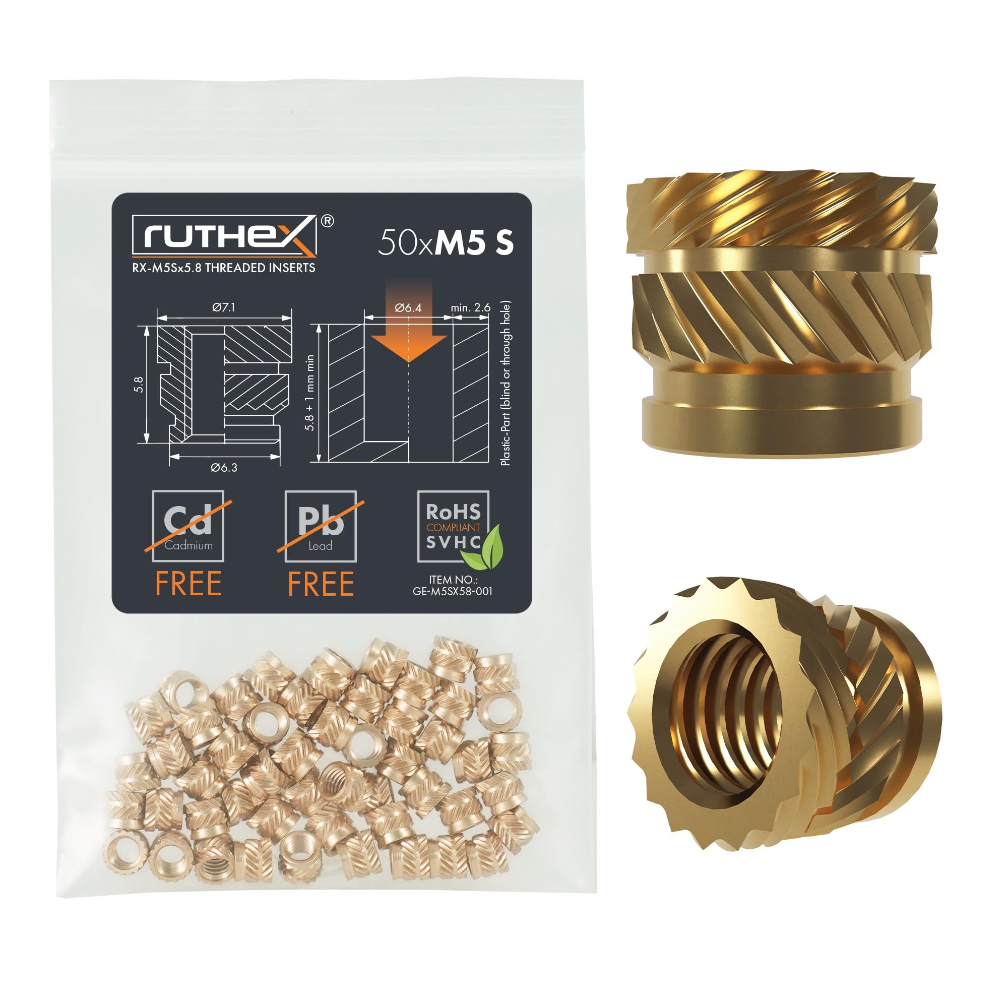 ruthex M5 Threaded Inserts Short - 50 Pieces RX-M5Sx5.8 Brass Heat Set Insert for Plastic Parts - Metric knurled Nuts - Insert by Heat into 3D Printing Components
