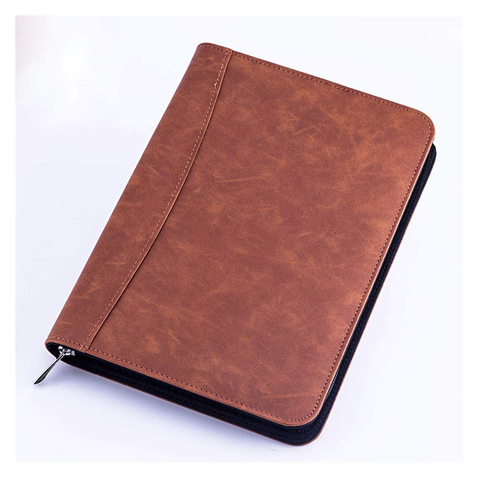Mmd Brown Faux Leather A5 Padfolio With Calculator Zipper Binder Notebook Briefcase File Executive Folder Spiral Travel Note Book (Color : )