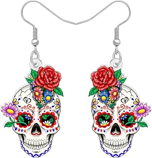 Day of the Dead Floral Sugar Skull Earrings Dangle | Halloween Gifts for Women, Acrylic Flat, Calavera Gothic Jewelry, Mexican Dia de Los Muertos Costume Accessories