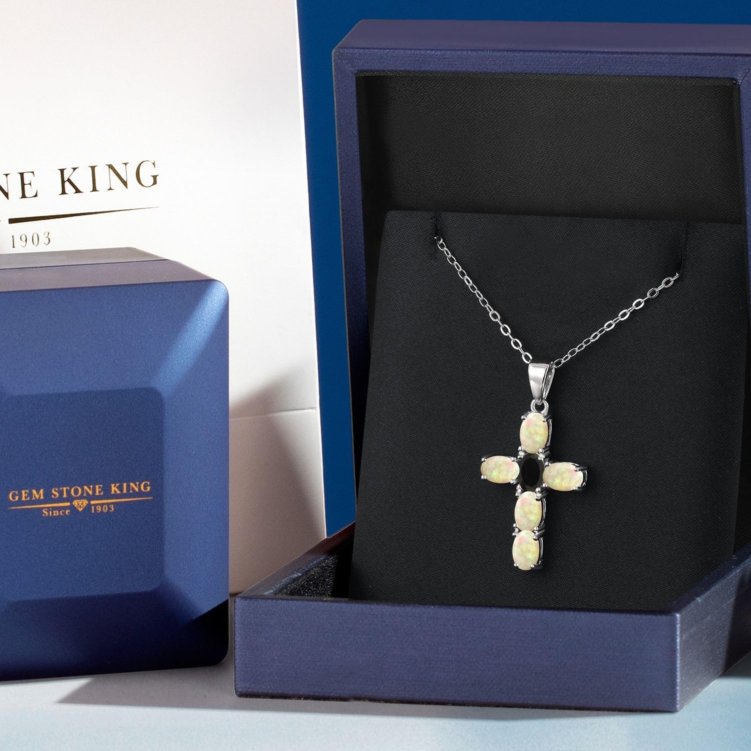 Gem Stone King 925 Sterling Silver White Ethiopian Opal and Black Onyx Cross Pendant Necklace for Women | 2.00 Cttw | Gemstone October Birthstone | Oval Cabochon 6X4MM | With 18 Inch Chain