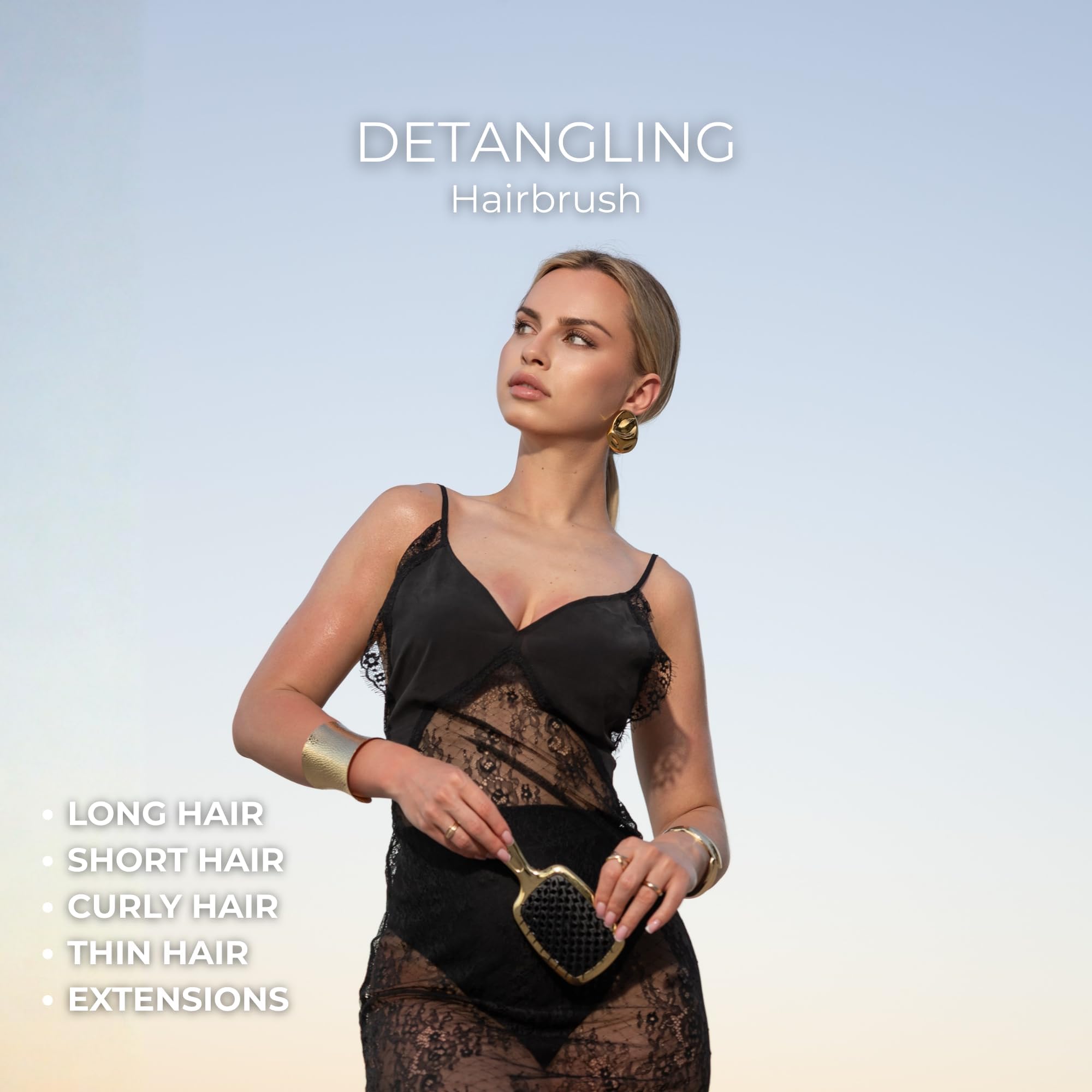 THE Brush Luxury Detangling Hairbrush, in Gold Chrome and Silver, Gentle on Scalp and Prevents Breakage. Elegant anti static Detangler Brosse A Cheveux for all hair types. (Black Gold)