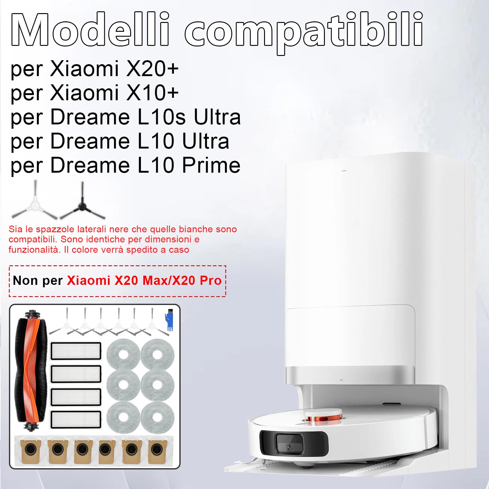 Set di Accessori per Xiaomi X20+/X10 Plus Robot Aspirapolvere, 1 Spazzola Principale, 4 Filtri Hepa, 6 Asciugamani, 6 Sacchi di Polvere, 6 Spazzole Laterali