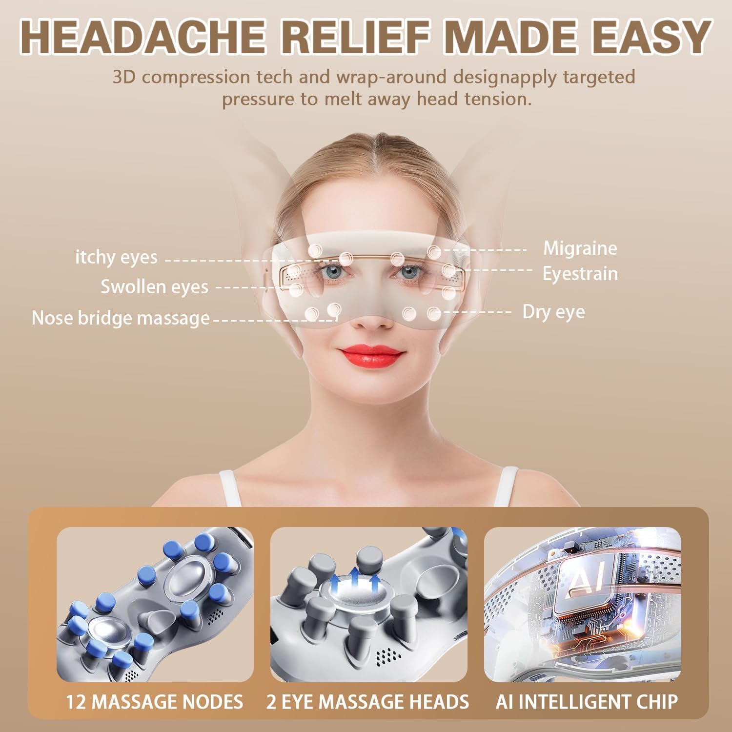 Eye Massager with Heat and Cooling for Migraine Relief, Cooling Eye Mask Birthday Gifts for Women & Men, 15 Massage Vibration with Bluetooth Music Heated Eye Masks for Dry Eyes - Image 3