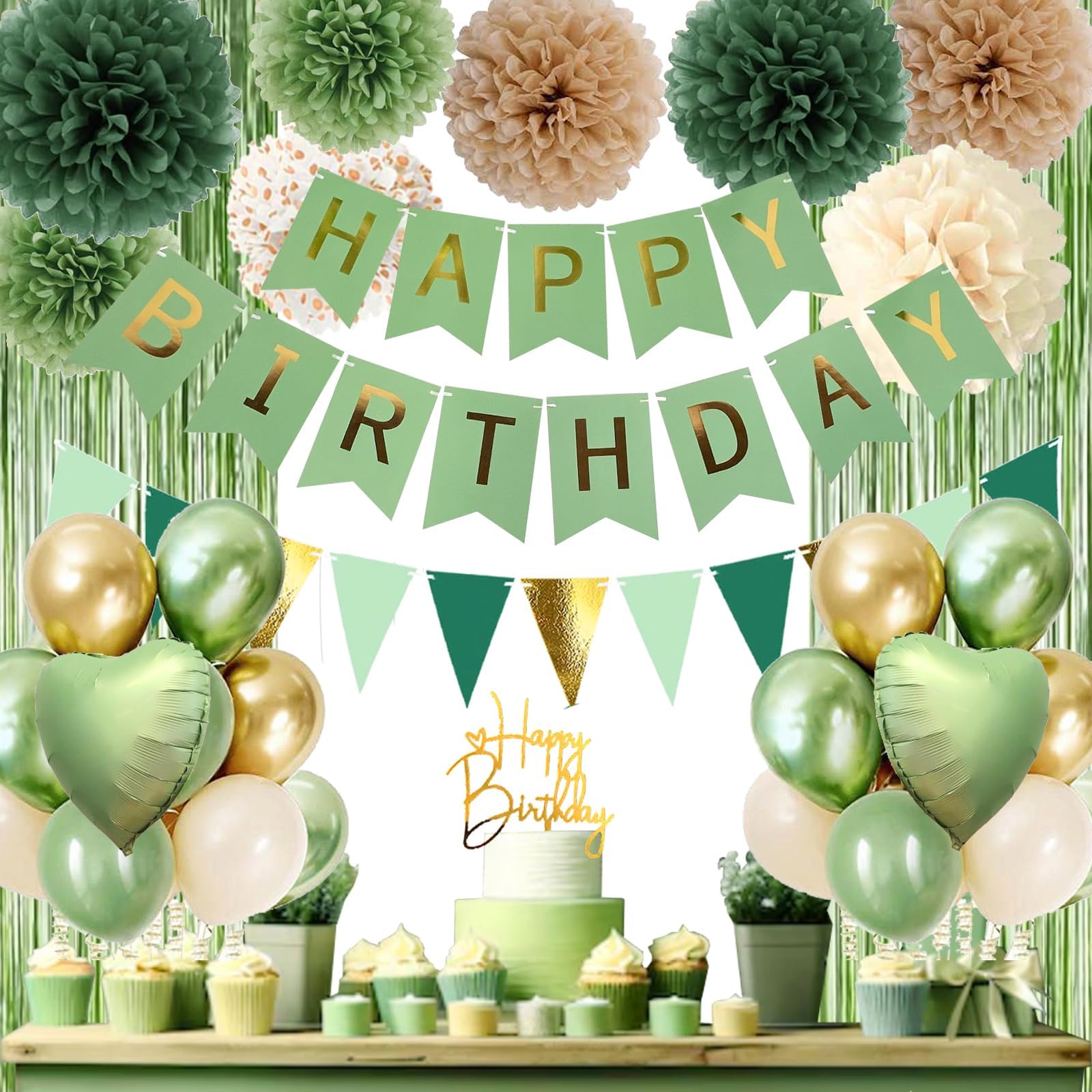 Sage Green Birthday Decorations, Birthday Party Décor, Gold Green Balloons Olive Happy Birthday Banner Fringe Curtain Background, Neutral Decorations for Women Men