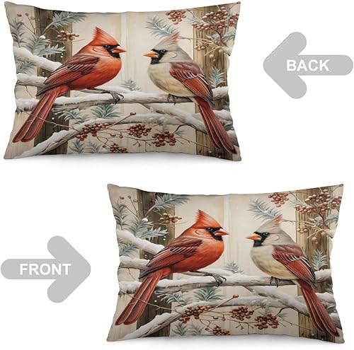 Miniatura 4 de Fundas de almohada vintage con diseño de pájaros rojos en acuarela de 12 x 20 pulgadas, para invierno, Navidad, pájaro cardenal, bayas rojas, fundas