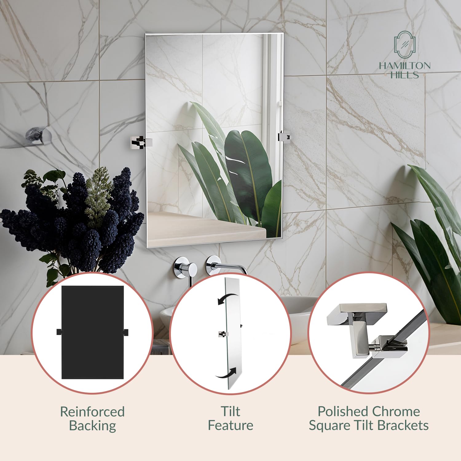 Hamilton Hills 30x40 inch Pivot Wall Mirror | Vanity Rectangle Mirror with Brushed Chrome Squared Wall Hinges Brackets | Frameless Bathroom Mirror | Rectangular Adjustable & Tilting Beveled Mirror