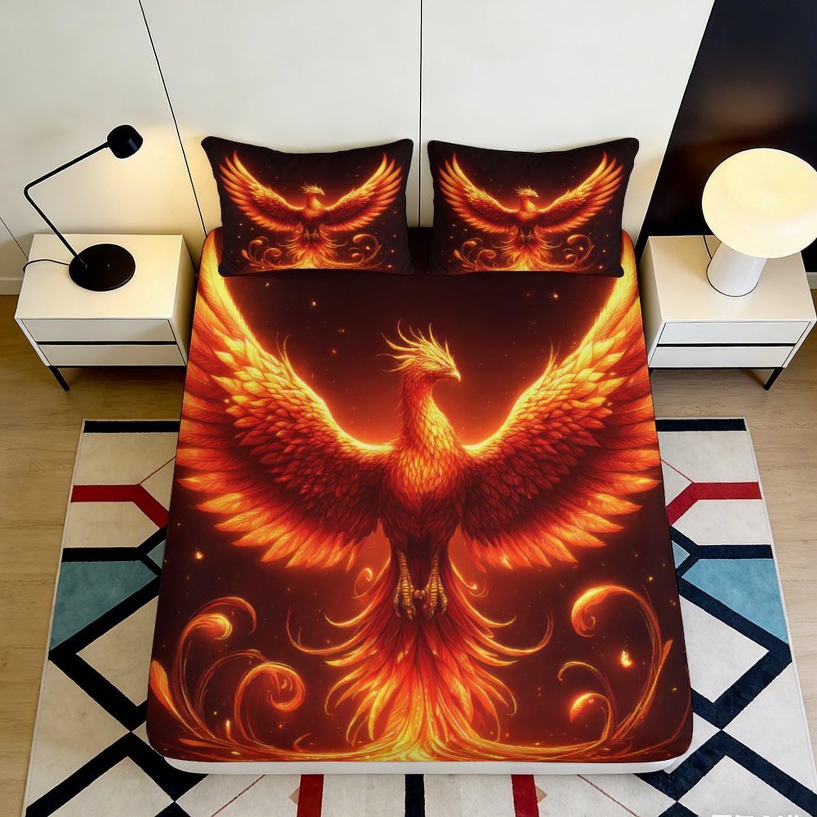 3D Printed Fire Phoenix Fitted Sheet Microfiber Bedroom Decor Flame Bird Mattress Cover for Home Guest Room 90x200x25cm