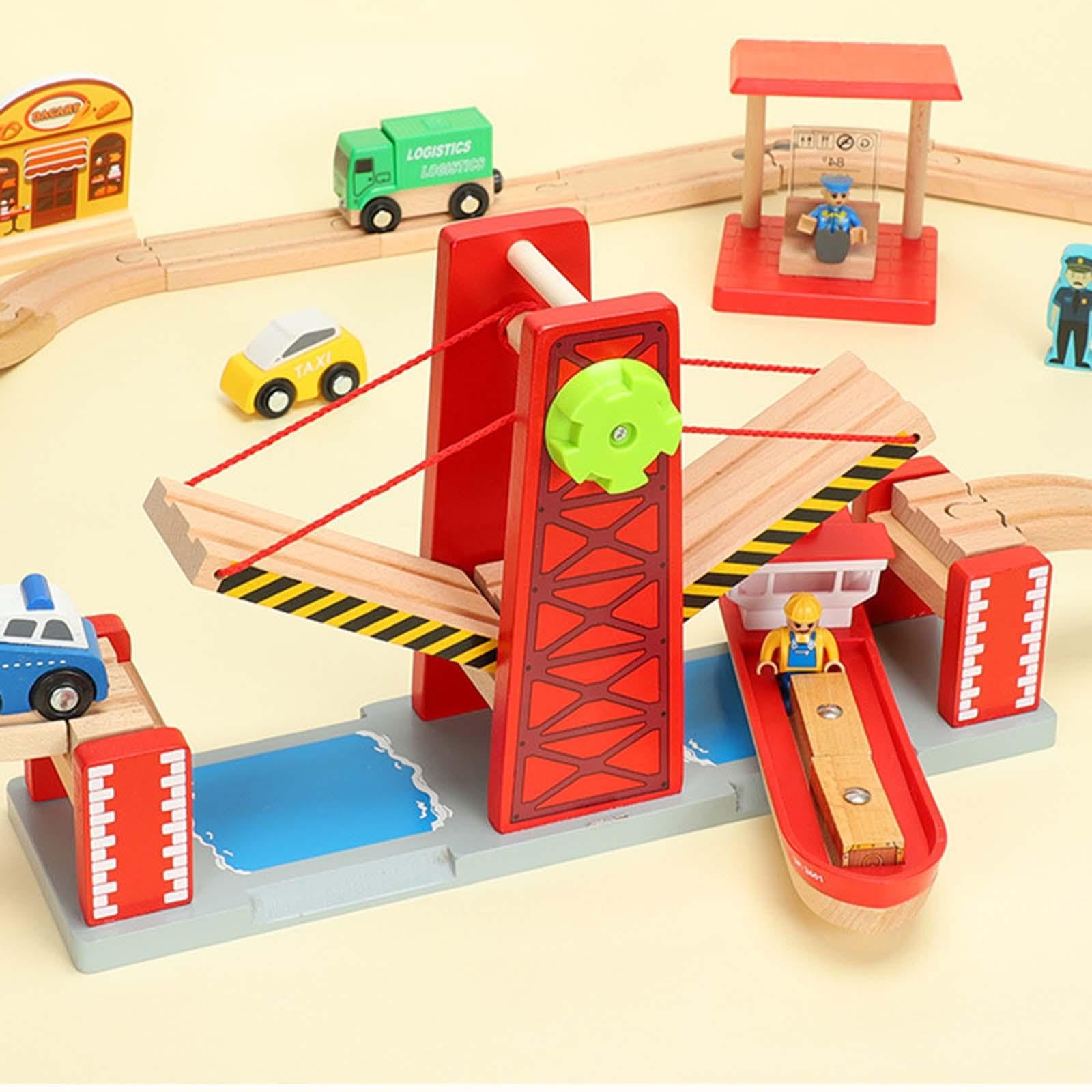 Set di trenini giocattolo per bambini con entusiasmanti | binari ferroviari con ponte di sollevamento per innescare un coinvolgente momento di gioco. Set di accessori in legno per