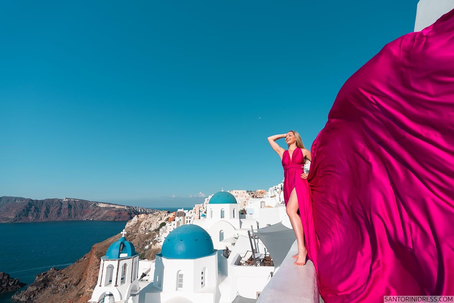 Fuchsia Pink Long Tail Infinity Style Flying Dress for Women's Wedding, Maternity Photoshoot Santorini Flying Dress for Photoshoot | Long Tail Satin Maxi