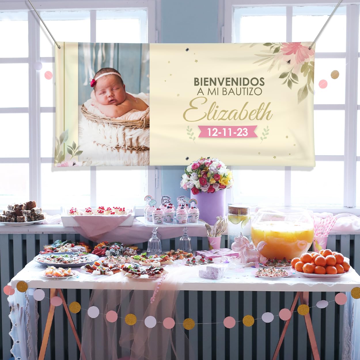 Cartel Personalizado para Bautizo con Foto, Nombre y Fecha en 21 Tamaños – Ideal como Pancarta Personalizada con Lona Impresión UV - Banner o Photocall para Decoración Bautizo Niño o Niña (Beige)