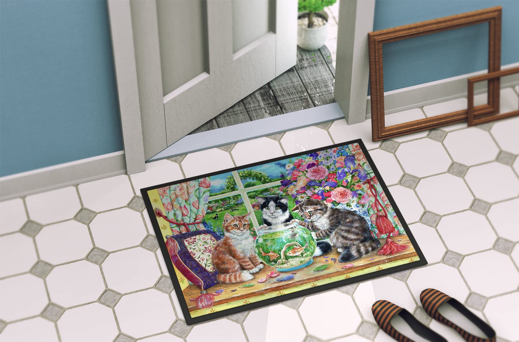 Caroline's Treasures CDCO0325JMAT Cats Just Looking in The Fish Bowl - Tappetino per Interni ed Esterni, 61 x 91,4 cm, Multicolore