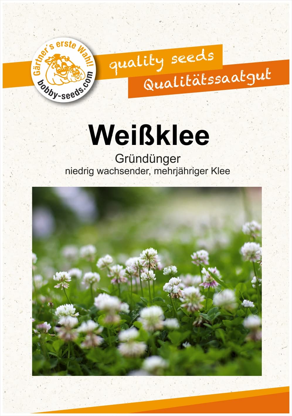 Gärtner's erste Wahl! Bobby-Seeds Weißklee Samen 50 g für ca. 25 m², Saatgut ohne Gentechnik für Gründüngung und Bodendecker, mehrjährig und winterhart, Keimfähigkeit geprüft