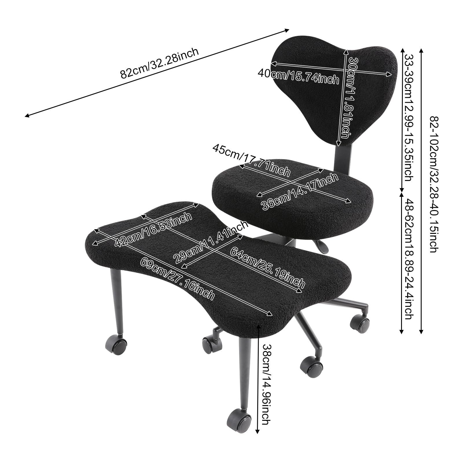 Silla de meditación multifuncional con ruedas y 7 ruedas, ergonómica de lana de cordero, con patas cruzadas para diferentes posiciones de asiento y yoga, soporta 150 kg, altura ajustable (negro)