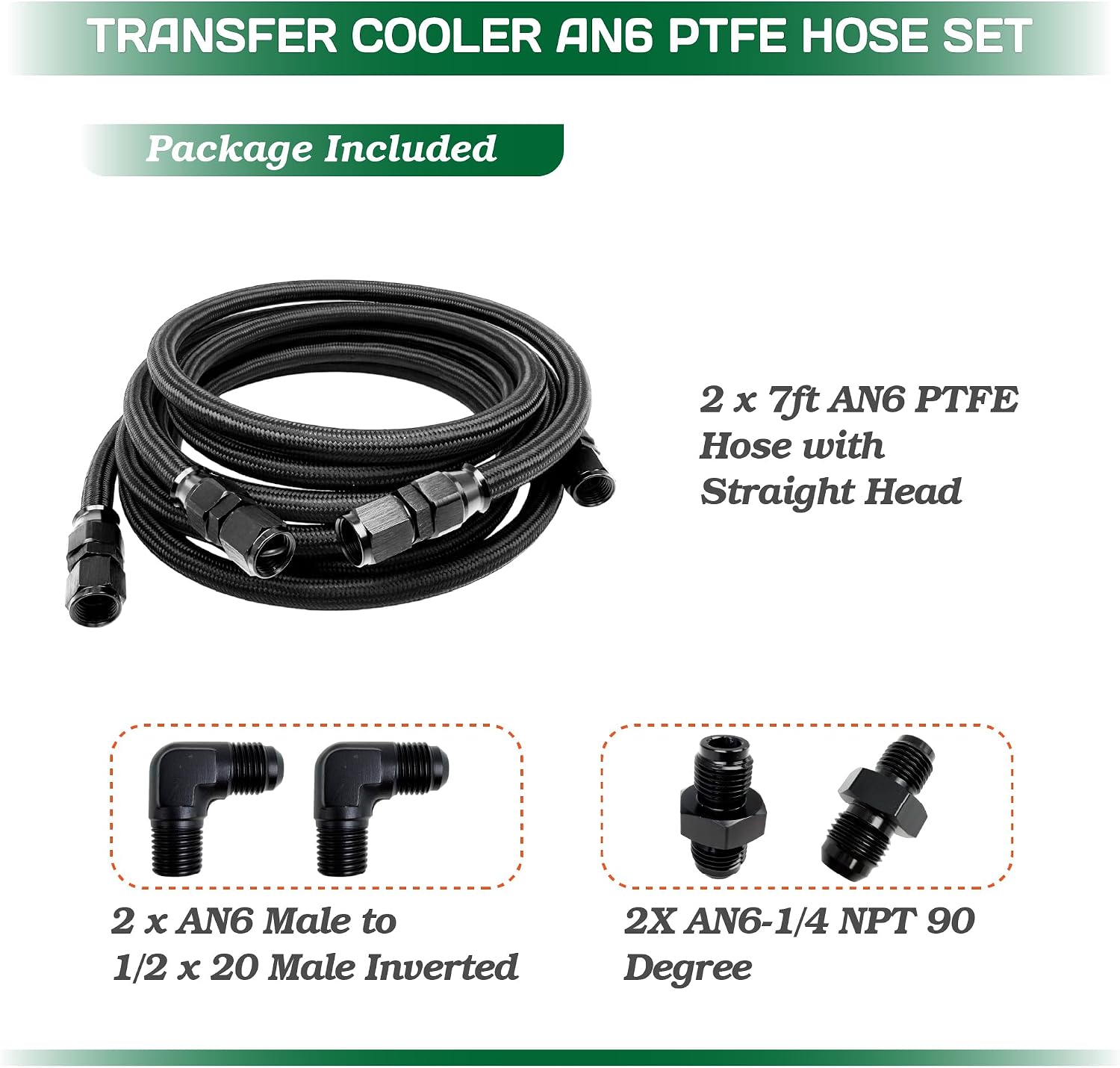 6AN PTFE Transmission Cooler Lines Kit – 7ft Stainless Steel & Nylon Braided Hoses with CNC Billet Aluminum Fittings for 4L60, 700R4, TH350, TH400 & Most Automatic Transmissions