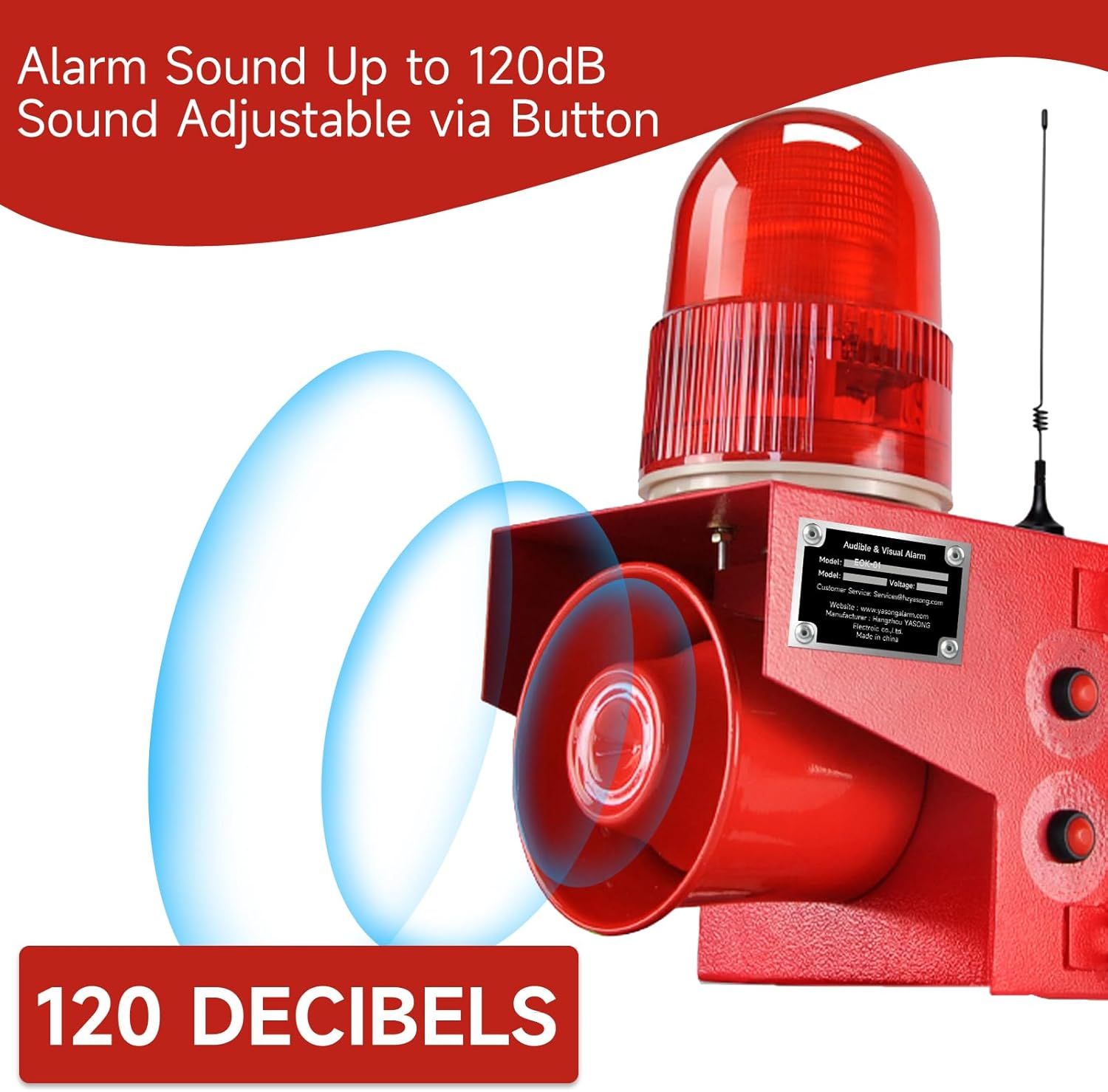 Industrial Wireless Remote Control Siren Alarm AC110V Outdoor 120dB Loud Horn Emergency Safety Alarm with 4 Remote Controller, Adjust Volume and Tone, 1.2mile Remote Distance, Strobe Light