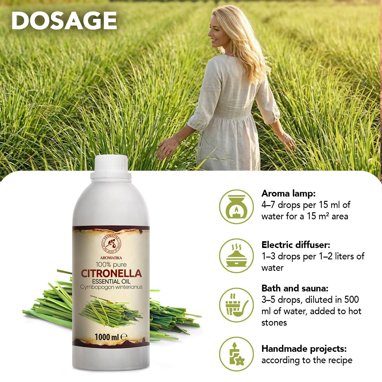 Olejek Eteryczny z Citronelli 1000 ml - Cymbopogon Winterianus - Olejek Aromatyczny do Dyfuzora - Aromaterapia - Świece Zapachowe - Mydła - Odświeżanie Powietrza