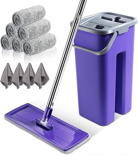 Masthome Flat Mop and Buckets Sets,Microfibre Mop with Stainless Steel Handle,Floor Mops for Cleaning All Floors Types - Includes 6pcs Reusable Pads & 4pcs Cleaning Cloths