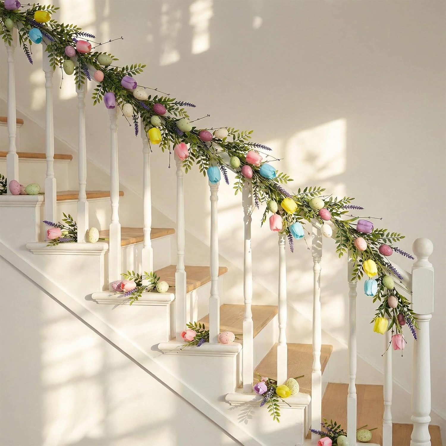 6 ft Easter Garland Lighted Artificial Floral Garland with Eggs & Tulip Artificial 30 LED Spring Easter Decorations for Mantle Indoor Outdoor Home Kitchen Fireplace Wall Party