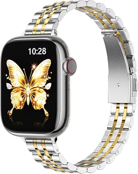 Strap Compatible with Apple Watch Straps 40mm 38mm 41mm 42mm Series 11 10 for Women/Men,Slim Stainless Steel Replacement Strap Compatible iWatch Series 11 10 9 8 7 6 5 4 3 2 1,SE,Silver/Gold