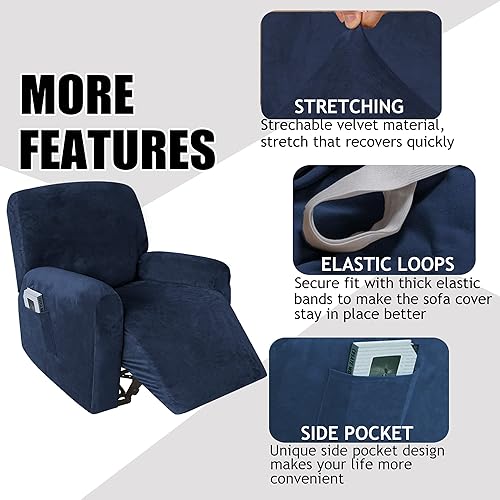 Miniatura 4 de 4 fundas de terciopelo para sofá reclinable, fundas elásticas para sofá reclinable de un solo asiento con bolsillo lateral, funda para asientos de