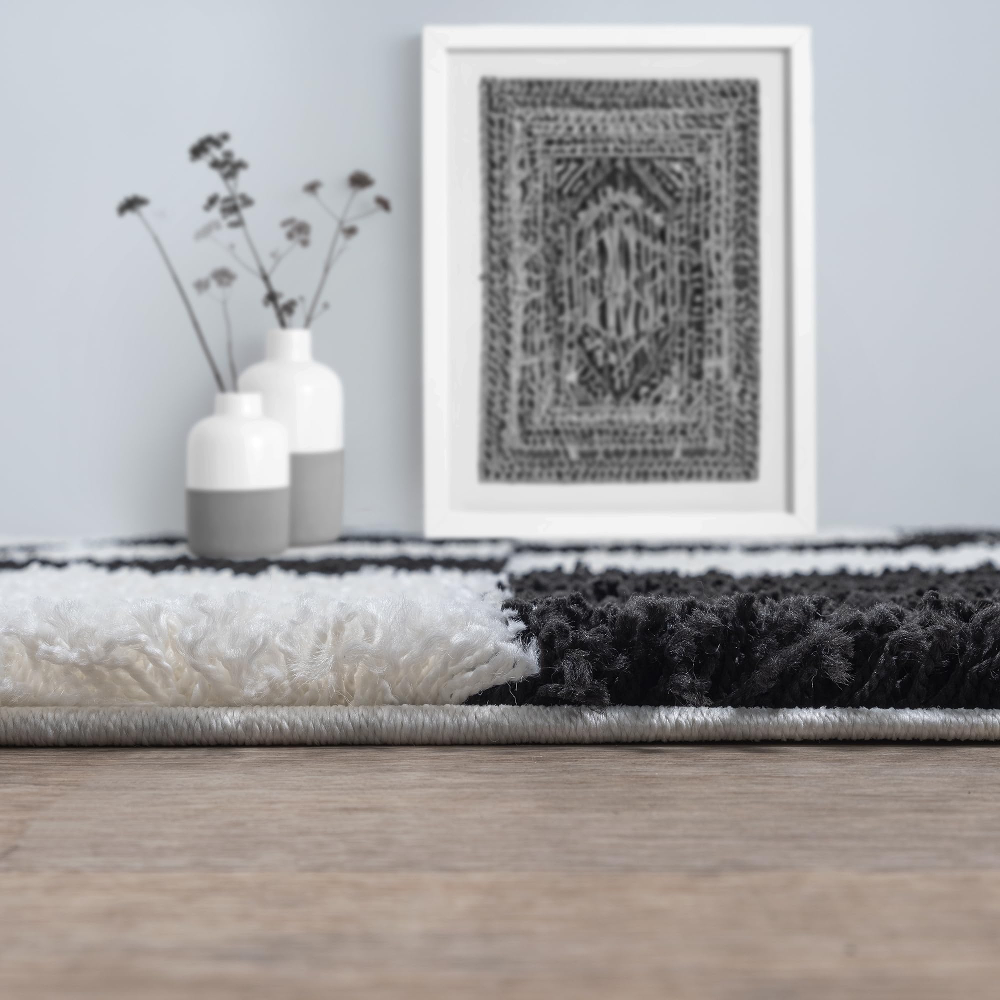 SANAT Milano Shaggy Teppich - Hochflor Teppiche für Wohnzimmer, Schlafzimmer, Küche - Schwarz Weiss, Größe: 120 x 170 cm