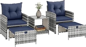 Outsunny 5 Piece Patio Furniture Set, Wicker Patio Chairs with Ottomans, 2-Tier Glass Coffee Table, Cushions, Outdoor Furniture Conversation Set for Balcony, Grey/Dark Blue