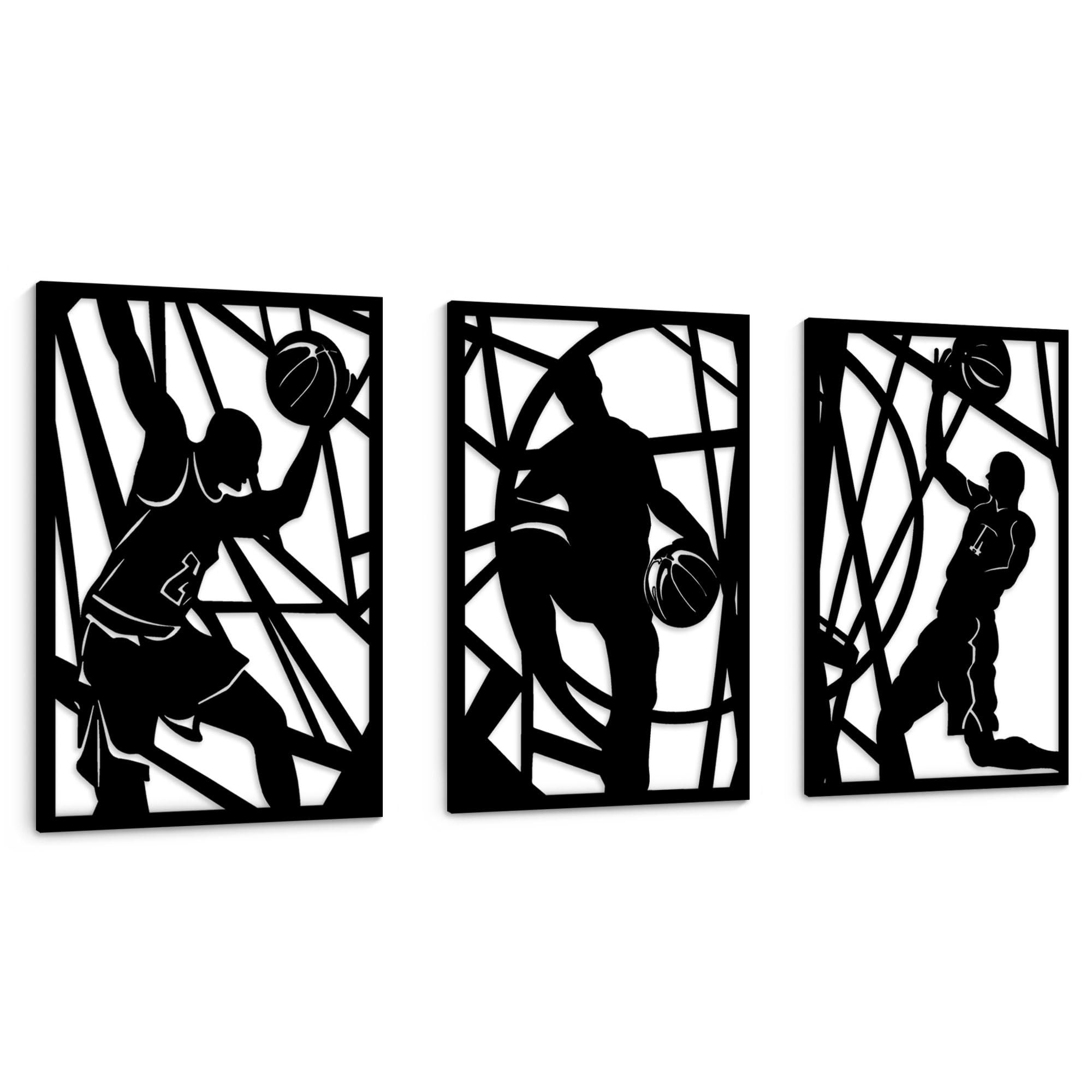 HKDGOKA Black Metal Wall Art - 3 Pack Abstract Basketball Player Line Art Décor, 3D Textured Sculptures Funny Sport Room Modern Decor for Office Gym Living Room Bedroom Study 16'' x 11''