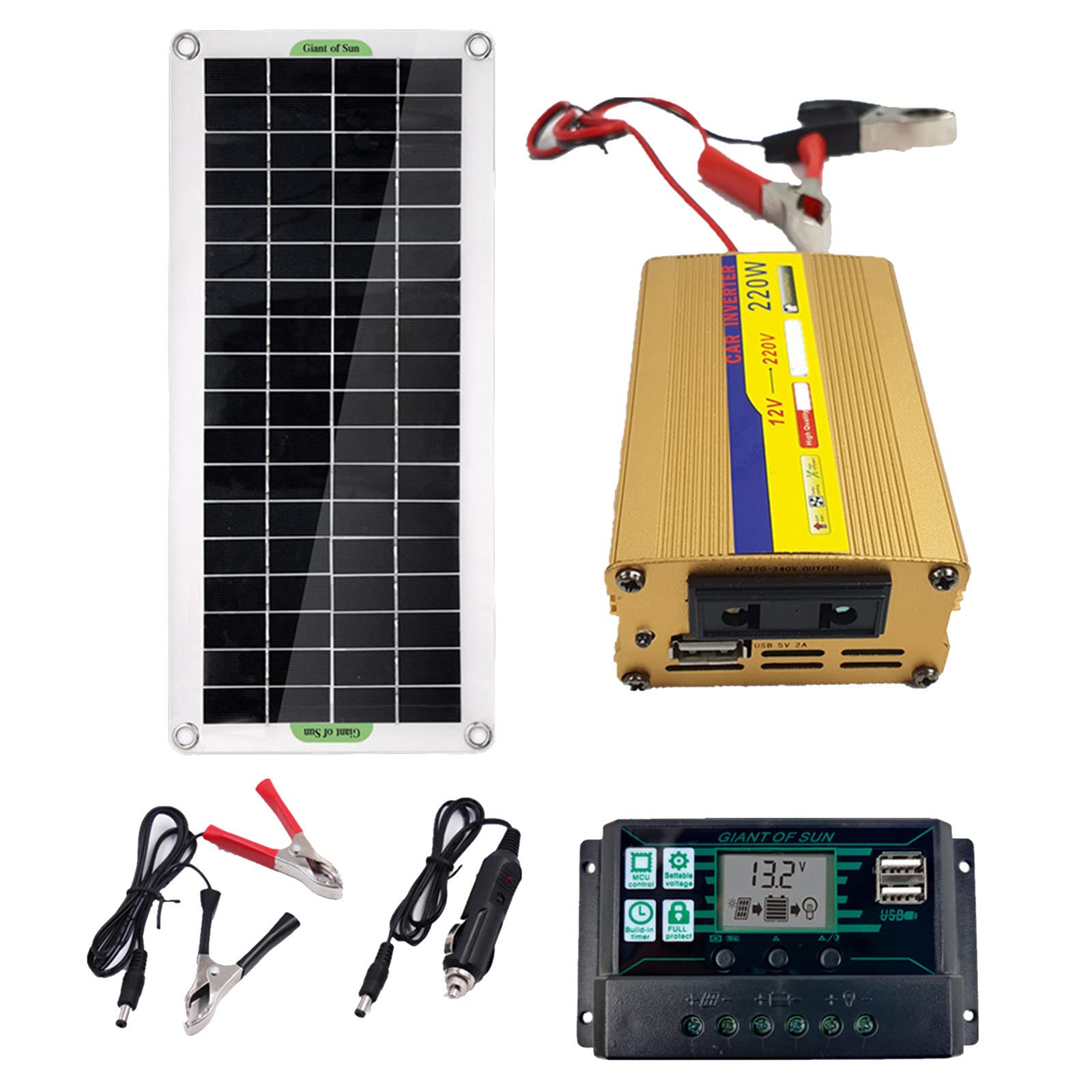 Zestaw Paneli Słonecznych Monokrystalicznych 30W, do Samochodów, RV, Łodzi, Dachów, z Falownikiem 220W, Regulatorem Ładowania Słonecznego 10A 20A 30A 60A 100A, Linia Zacisku Krokodylkowego,100A