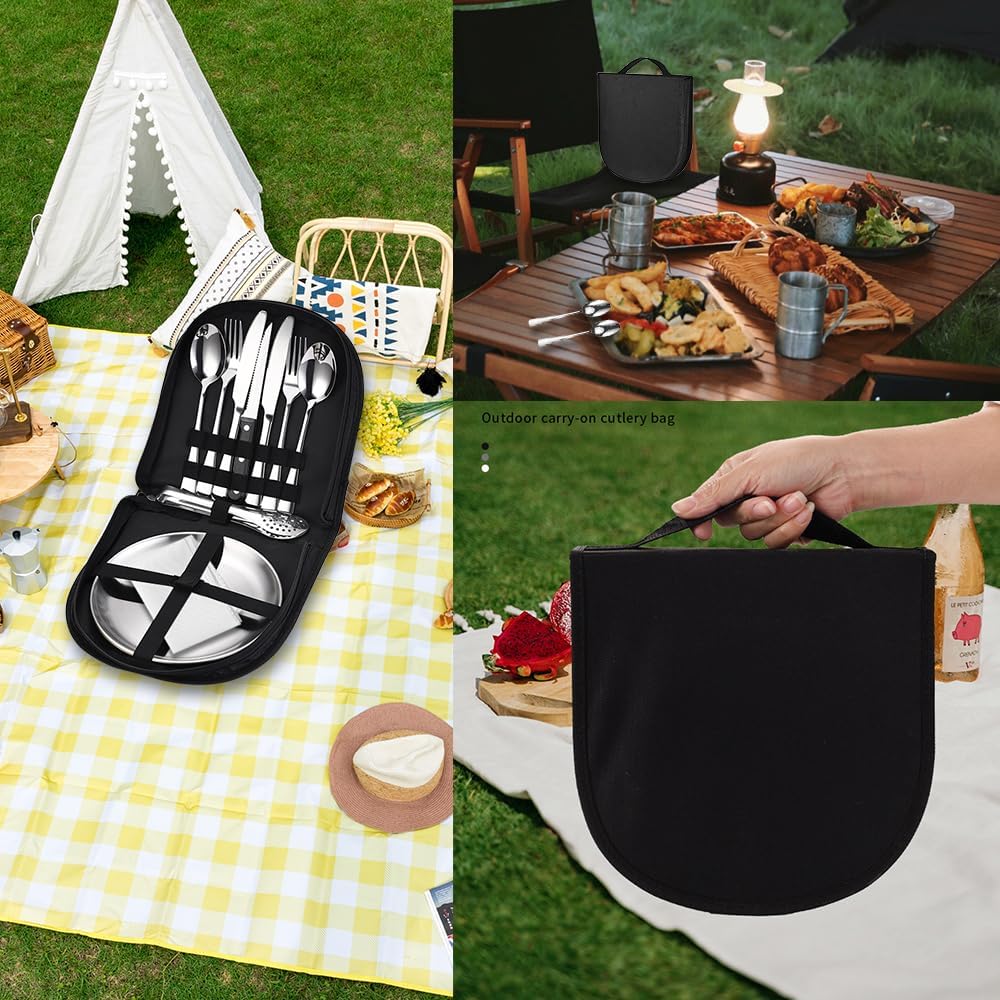 Set Vaisselle Camping 2 Personnes, 14 Pcs Couvert Camping INOX avec Fourchette Cuillère Couteau Assiette Serviette de Table, Kit Camping Vaisselle avec Sac, Set Pique Nique