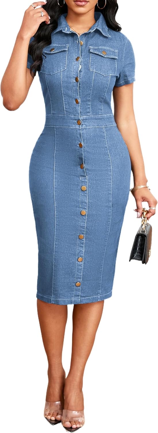 SeNight Women Denim Dresses Elegant Sexy Short Sleeve Jean Party Dress - Image 4