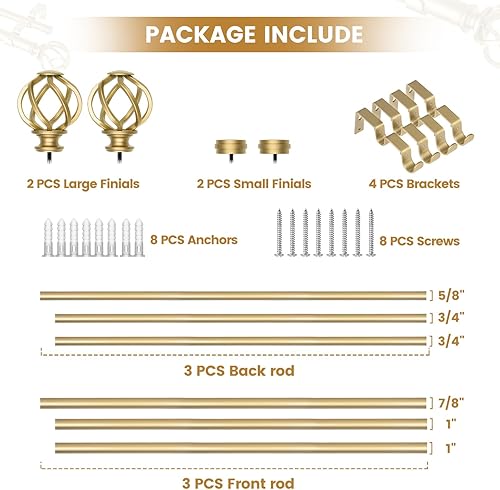 Miniatura 7 de KAMANINA Barra de cortina doble de 1 pulgada de 72 a 144 pulgadas (6-12 pies), barras de cortina doradas para ventanas de 66 a 120, barra de cortina