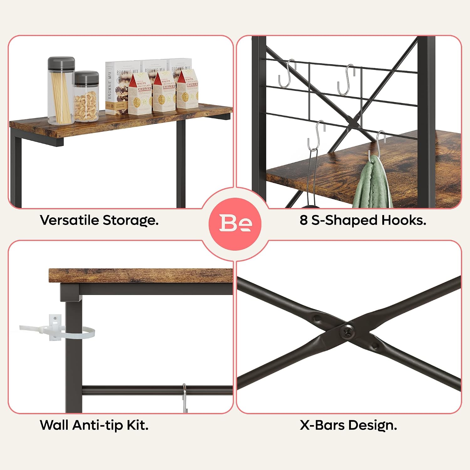 Bestier Kitchen Baker's Rack with Storage and Wine Glass Holder Microwave Oven Stand Utility Storage Shelf with Hutch Kitchen Rack Organizer Coffee Bar Table, Rustic Brown