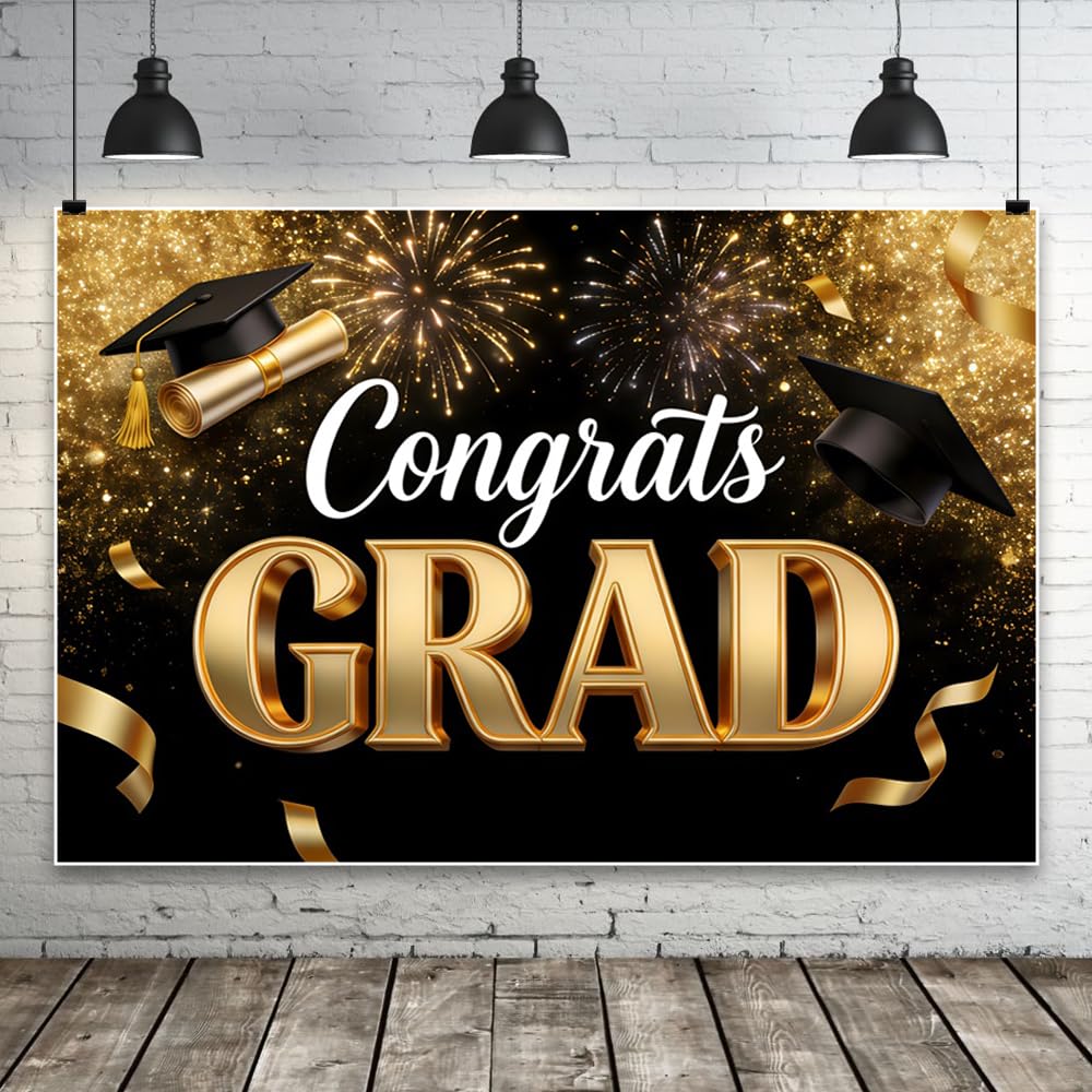 3.6x1.8m Graduation Background 2026 -Black & Gold Graduation Large Wall Poster Photo Background Graduation Cap Gold Fire Supplies for Graduation Party